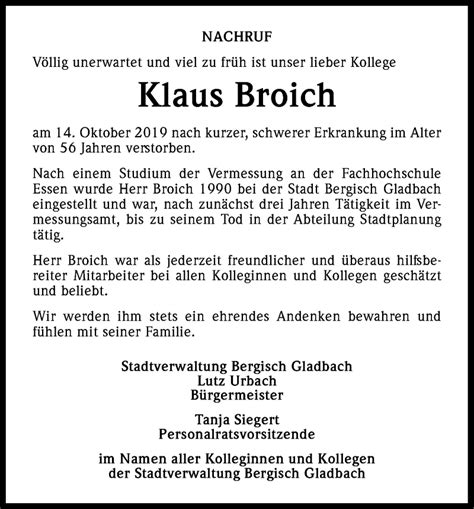 Traueranzeigen Von Klaus Broich Wirtrauern