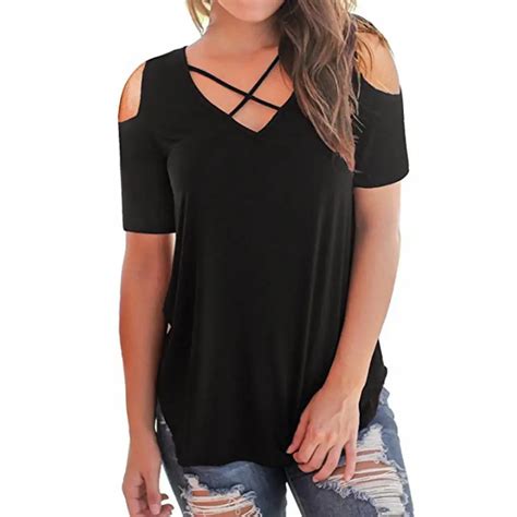 Women Off Shoulder Short Sleeve T Shirts Tops Casual Criss Cross Shirts