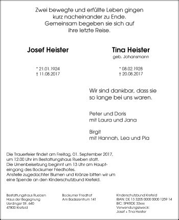 Traueranzeigen Von Josef Und Tina Heister Trauer Und Gedenken