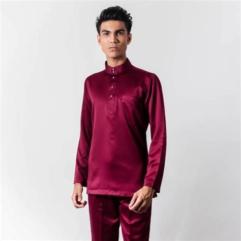 [satin Series] Pazze Baju Melayu Slim Fit Satin Bm 6069 Maroon Shopee Malaysia