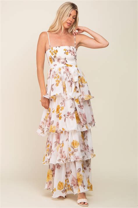 Gold Floral Smocked Ruffle Tiered Maxi Dress Pinkblush