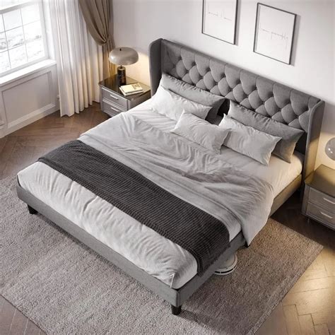 Extra Large Padded Platform Bed Frame With Wing Back And Button Tufted