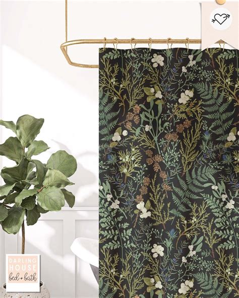 Moody Black Botanical Shower Curtain Dark Academia Cottagecore Vintage