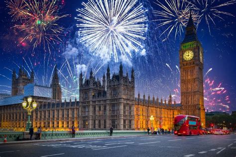 New Years Fireworks Display Over the Big Ben and Westminster Bridge in London, UK Stock Photo ...