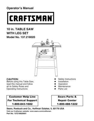 Owner S Manual And Parts List For Sears Craftsman 10” Table Saw Model 137 218020 Ebay