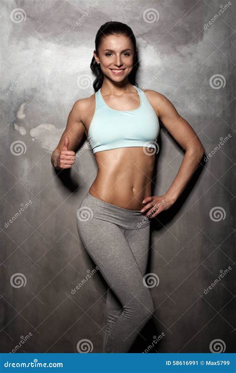 Fitness Female Woman with Muscular Body, Workout with, Abs, Abdominals, Showing Thumbs Up ...