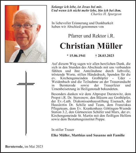 Traueranzeigen Von Christian M Ller Trauer In Thueringen De