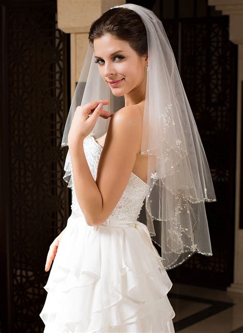 Two Tier Beaded Edge Elbow Bridal Veils With Beading Sequin 006034328