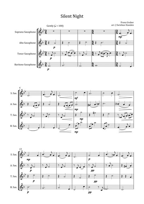 Silent Night By Franz Xaver Gruber Saxophone Quartet Digital Sheet