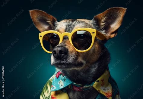 Dog wearing yellow sunglasses on a studio background - Generative AI Stock Photo | Adobe Stock