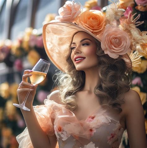 Premium Ai Image A Woman In A Hat Holding A Glass Of Wine And A Glass