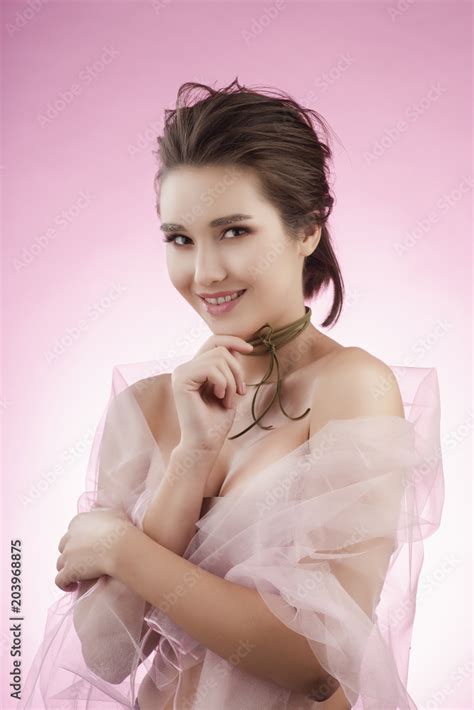 Beautiful Smiling Big Breast Asian Girl Wearing A Pink Veil On Her