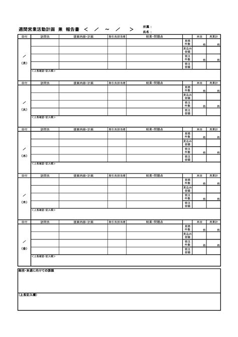 週間営業活動計画兼報告書の書式テンプレート（excel・エクセル） テンプレート・フリーbiz