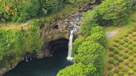 Aerial View Of Rainbow Wai Nuenue Falls In Hilo Big Island Hawaii