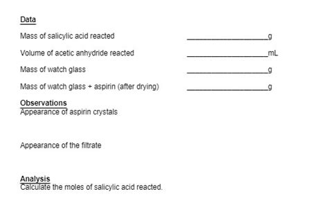 Solved Data Mass Of Salicylic Acid Reacted Volume Of Acetic Anhydride