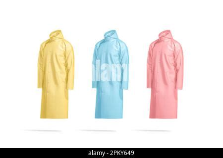 Blank Yellow Protective Raincoat Mockup Different Views Stock Photo