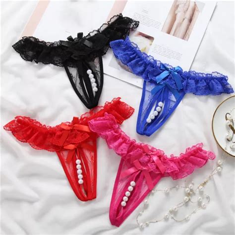 Women Sexy Lace Thong Panties Open Crotch Crotchless Underwear Pearl G