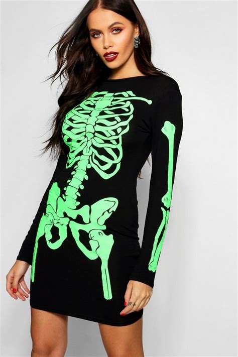 Halloween Neon Skeleton Print Bodycon Dress Boohoo