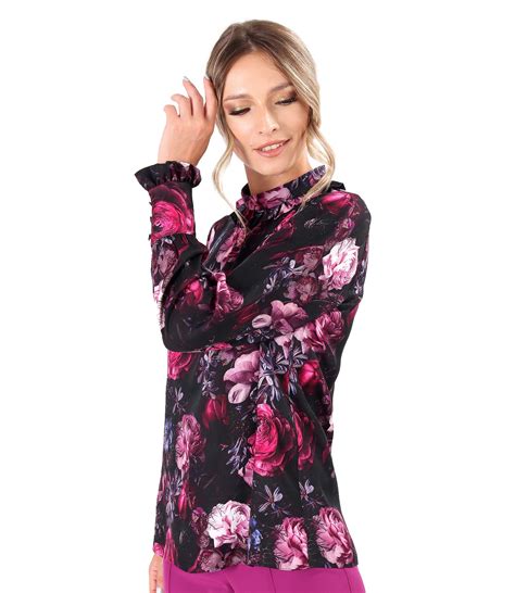 Elegant Viscose Blouse Digitally Printed With Floral Motifs Black Yokko