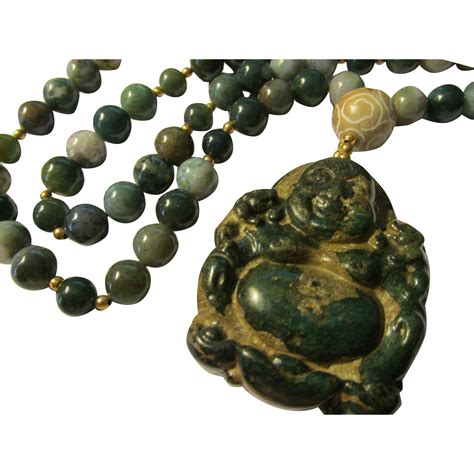 Happy Buddha Deep Green Jade Pendant With Jade Agate Bead Necklace