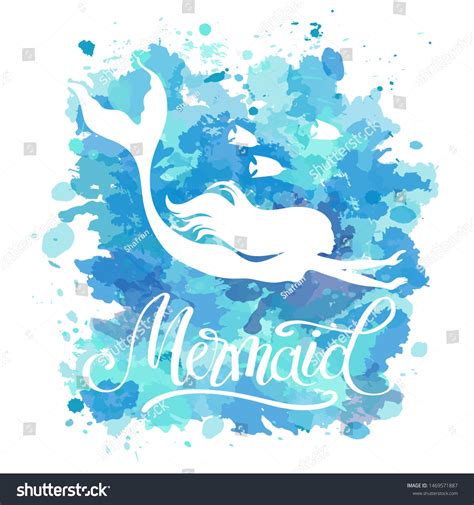 Mermaid Vector Silhouette Illustration On Watercolor Stock Vector