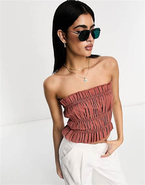 Asos Design Ruched Linen Bandeau Top In Terracotta Asos