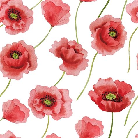 Premium Photo Watercolor Red Poppies Seamless Pattern Handdrawn