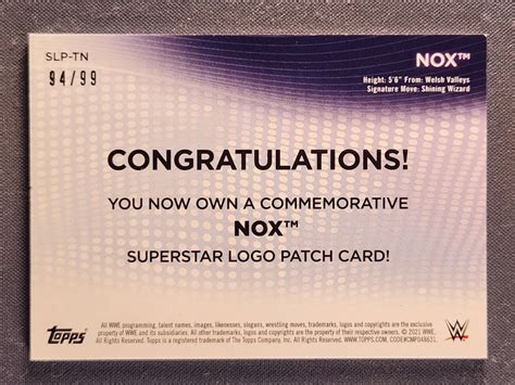 2021 Topps WWE Women S Superstar Logo Relics SLP TN Tegan Nox Patch