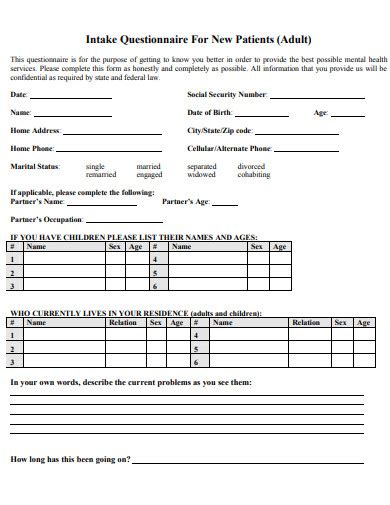 Free Intake Questionnaire Samples In Pdf Ms Word