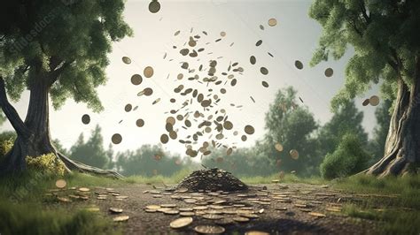 Coins Cascading Onto Growing Trees In Investment Concept 3d Rendering