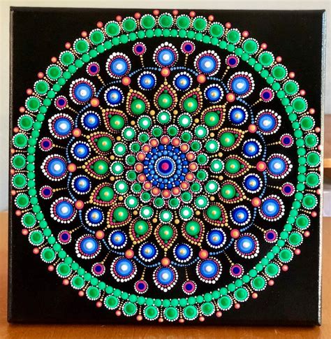 Colorful Dot Mandala On Black Stretched Canvas 10 X Etsy