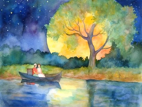 Una Pintura De Acuarela De Una Pareja En Un Bote En Un Lago Con Luna