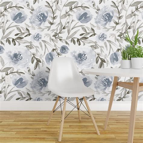 Peel And Stick Wallpaper 2ft Wide Blue And Taupe Watercolor Floral Custom Removable Wallpaper By