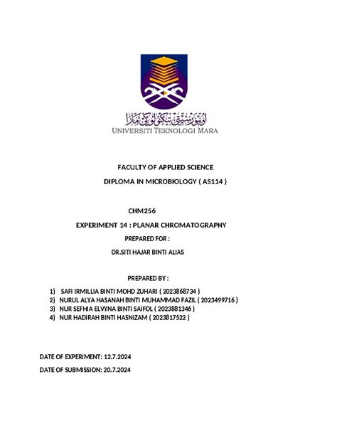 Lab Report CHM256 Experiment 14 FACULTY OF APPLIED SCIENCE DIPLOMA