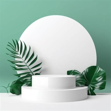 Premium Ai Image White Product Podium With Green Tropical Leaves