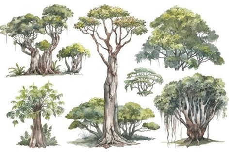 Premium Ai Image Kapok Tree Forest Collection Handdrawn Trees Pack