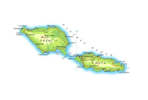 Detailed elevation map of Samoa with roads, cities and airports | Samoa ...