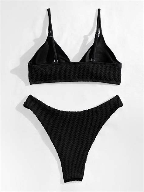 Emmiol Free Shipping V Neck Solid Smocked Bikini Set Black M In