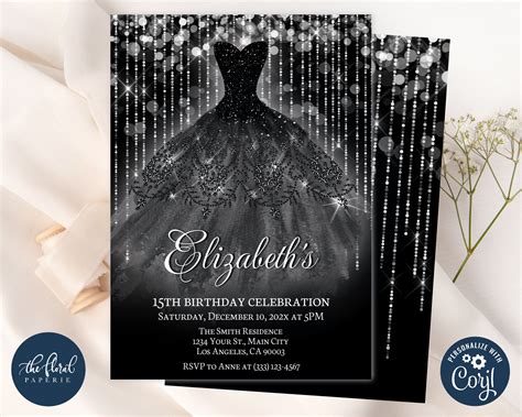 Black Quinceanera Invitation Template Editable Black Dress Etsy