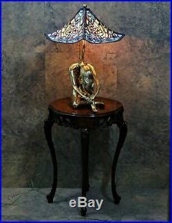 Art Deco W S1938 Mosaic Shade Leaded Stained Glass Lamp Nude Brass Base Leaded Glass Window