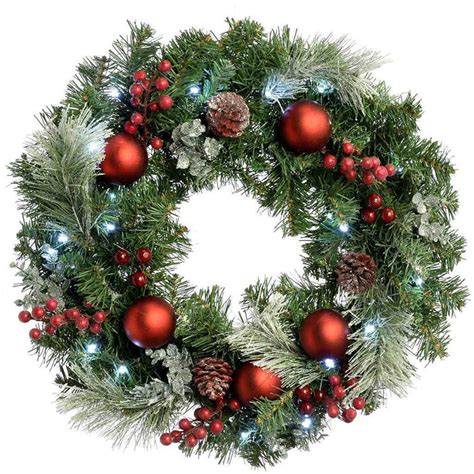 60 Cm Frosted Decorated Pre Lit Wreath Illuminated With 20 Cool White