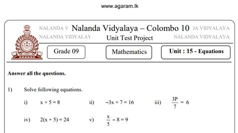 Mathematics Nalanda College Unit Exam Paper 15 Grade 09