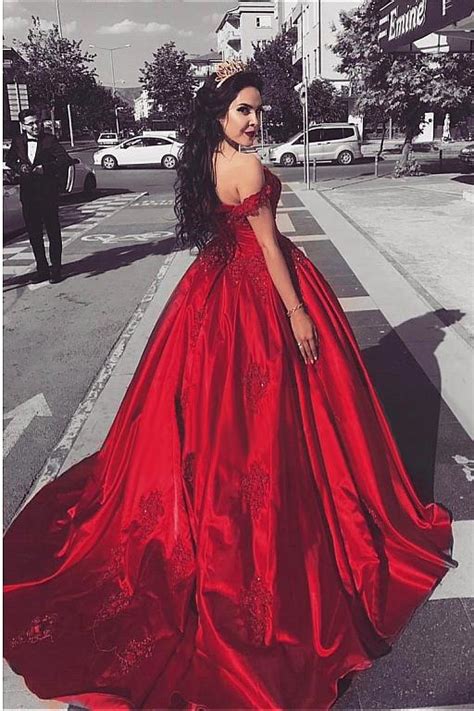 Buy Ball Gown Off The Shoulder Red Satin Lace Up Quinceanera Dresses