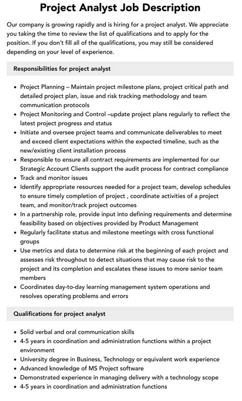 Project Analyst Job Description Velvet Jobs