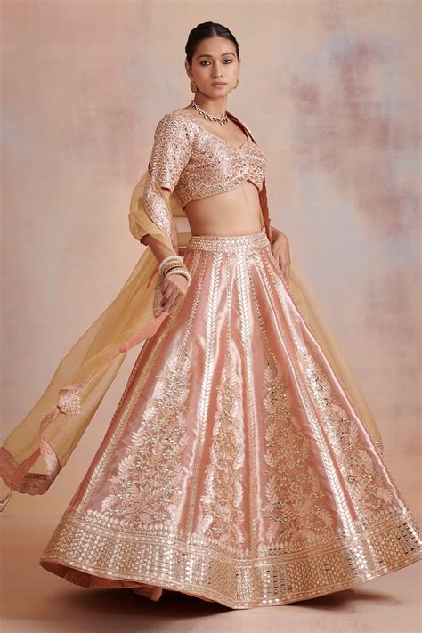 Buy Orange Tissue Embroidered Zari Work Leaf Neck Mirror Bridal Lehenga