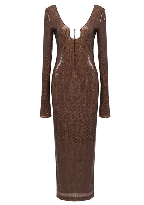 Long Sleeve Plunge V Neck Maxi Dress Brown Luxe Maxi Dresses And Luxe