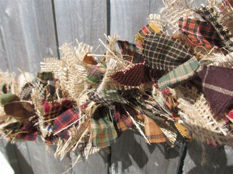 Rustic Fall Garland Burlap Homespun Fabric Rustic Christmas Primitive Country Fall Garland