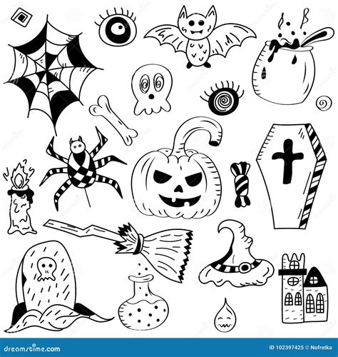 Hand Drawn Halloween Symbols Doodle Drawings Of Bat Pumpkin G Stock