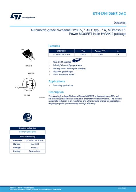 Sth12n120k5 2ag Stmicroelectronics Mosfet Hoja De Datos Ficha Técnica