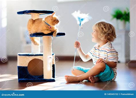 Enfant Jouant Avec Le Chat à La Maison Enfants Et Animaux Familiers